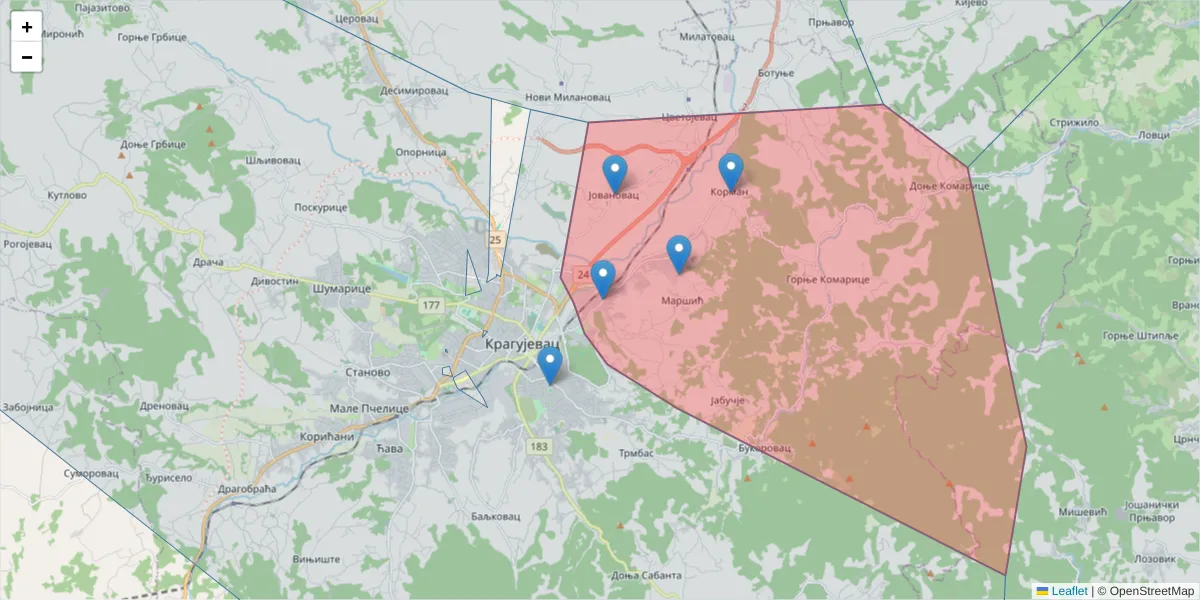 Mapa poštanskog broja  i okolnih poštanskih brojeva u Srbiji