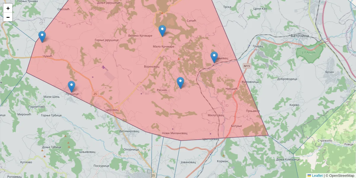 Mapa poštanskog broja  i okolnih poštanskih brojeva u Srbiji
