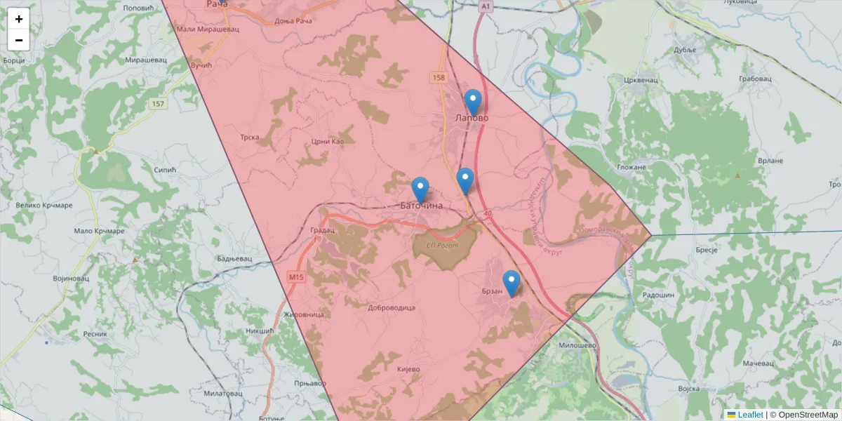 Mapa poštanskog broja  i okolnih poštanskih brojeva u Srbiji