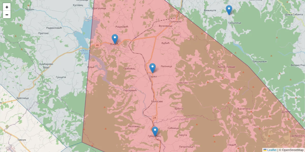 Mapa poštanskog broja  i okolnih poštanskih brojeva u Srbiji