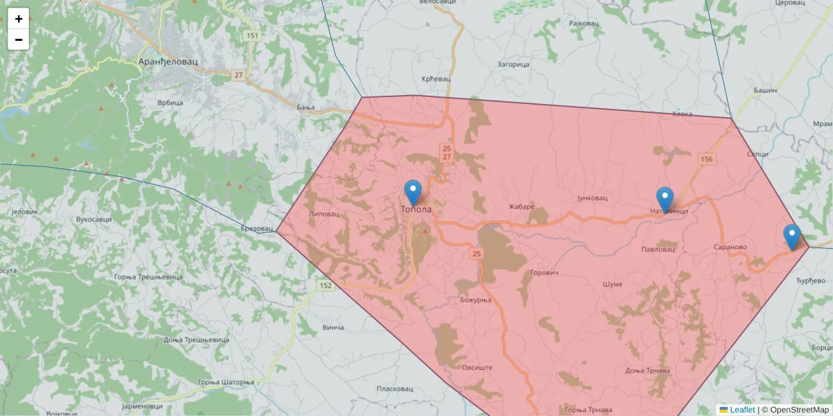 Mapa poštanskog broja  i okolnih poštanskih brojeva u Srbiji