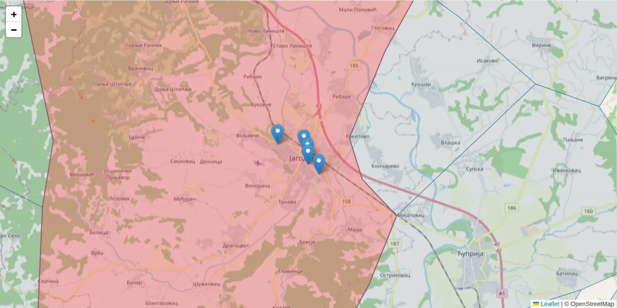 Mapa poštanskog broja  i okolnih poštanskih brojeva u Srbiji