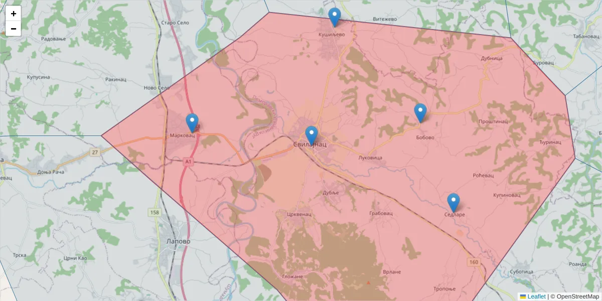 Mapa poštanskog broja  i okolnih poštanskih brojeva u Srbiji
