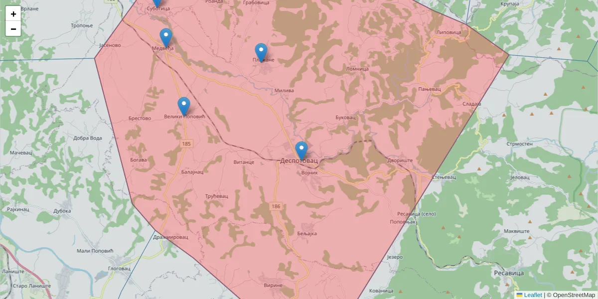 Mapa poštanskog broja  i okolnih poštanskih brojeva u Srbiji