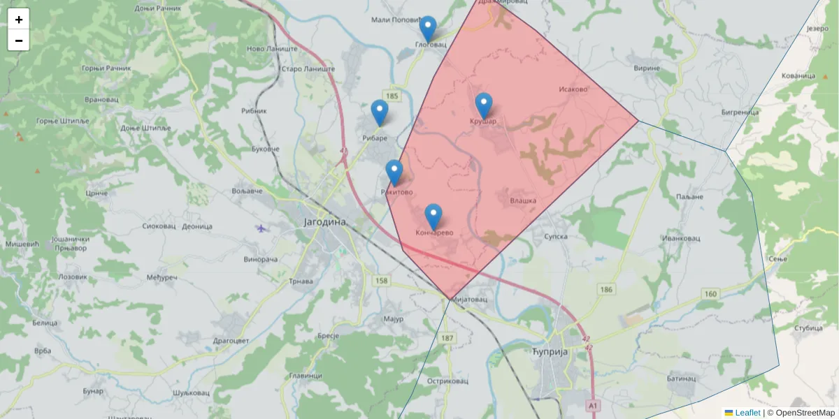 Mapa poštanskog broja  i okolnih poštanskih brojeva u Srbiji