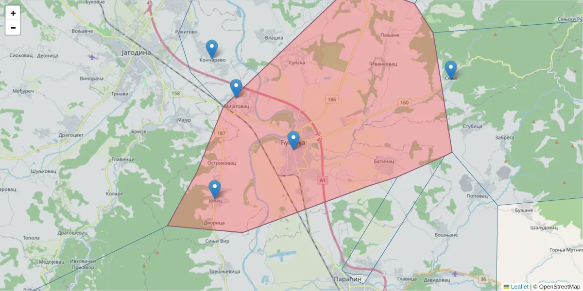 Mapa poštanskog broja  i okolnih poštanskih brojeva u Srbiji