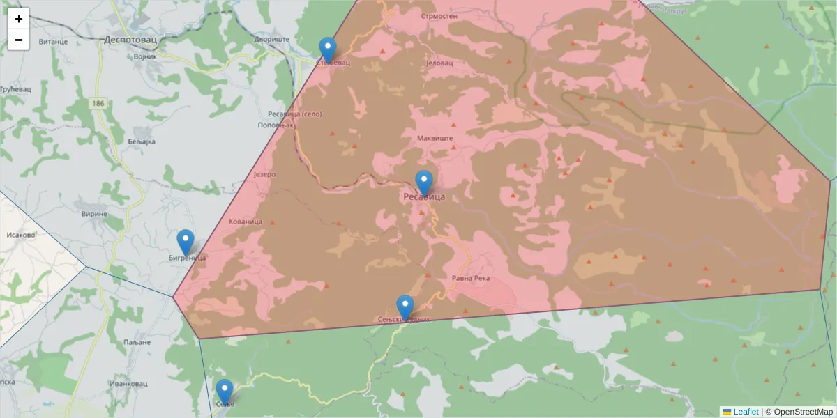 Mapa poštanskog broja  i okolnih poštanskih brojeva u Srbiji