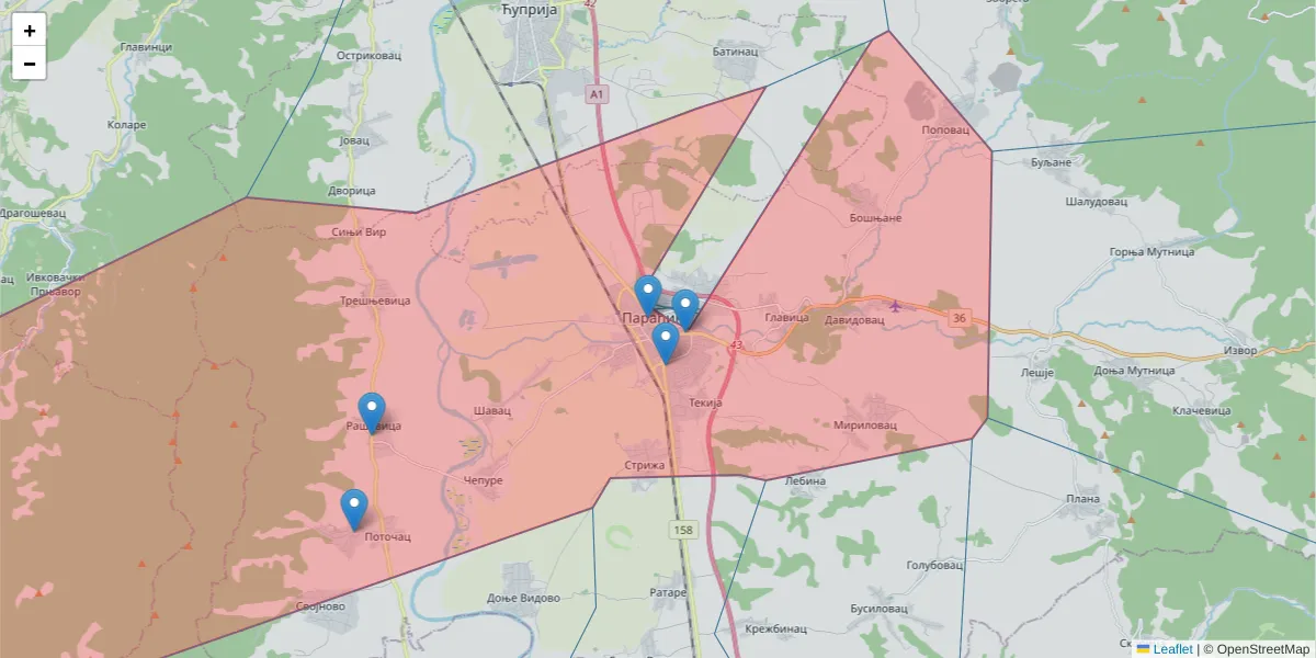 Mapa poštanskog broja  i okolnih poštanskih brojeva u Srbiji