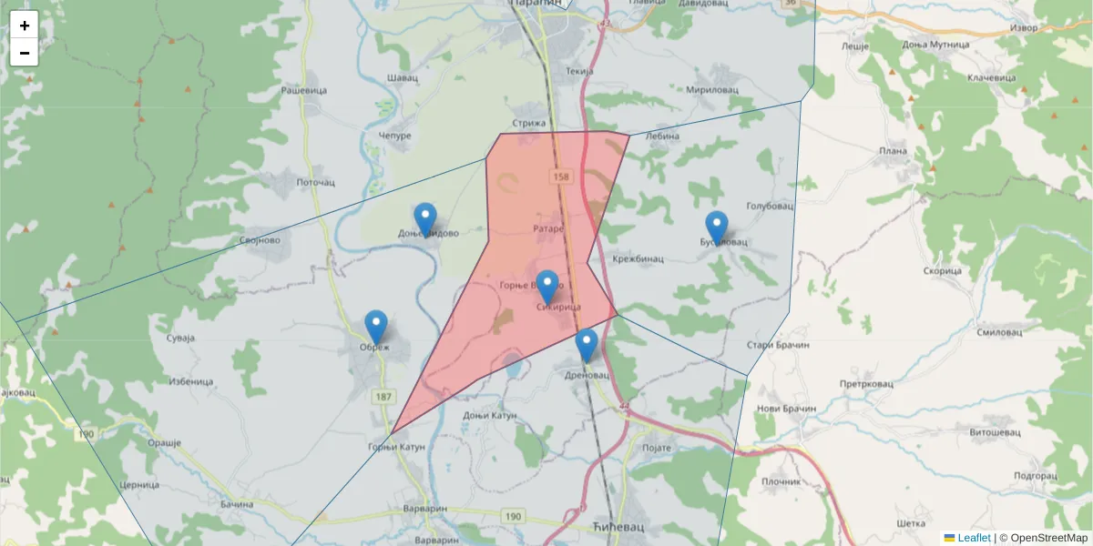 Mapa poštanskog broja  i okolnih poštanskih brojeva u Srbiji