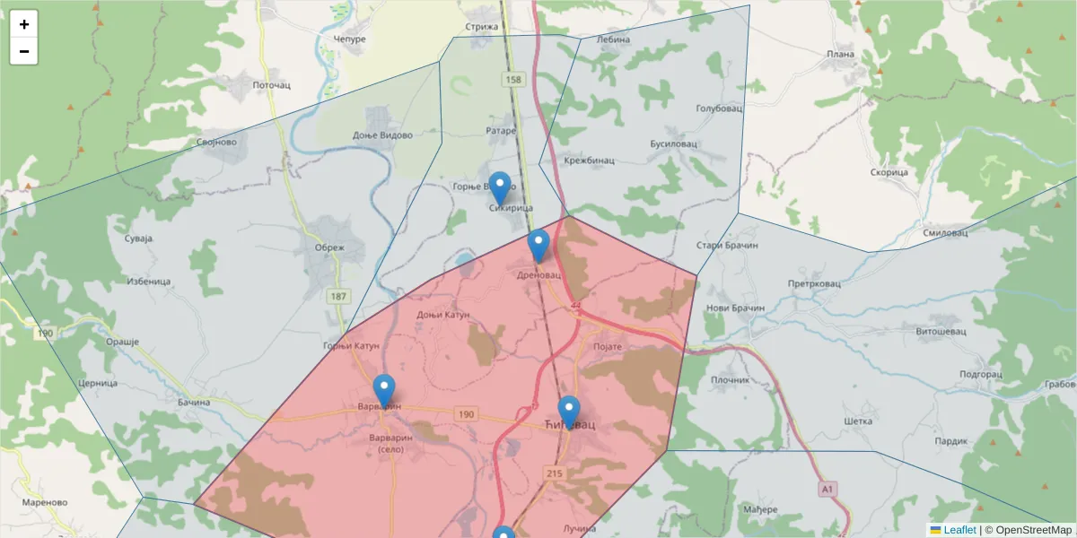 Mapa poštanskog broja  i okolnih poštanskih brojeva u Srbiji