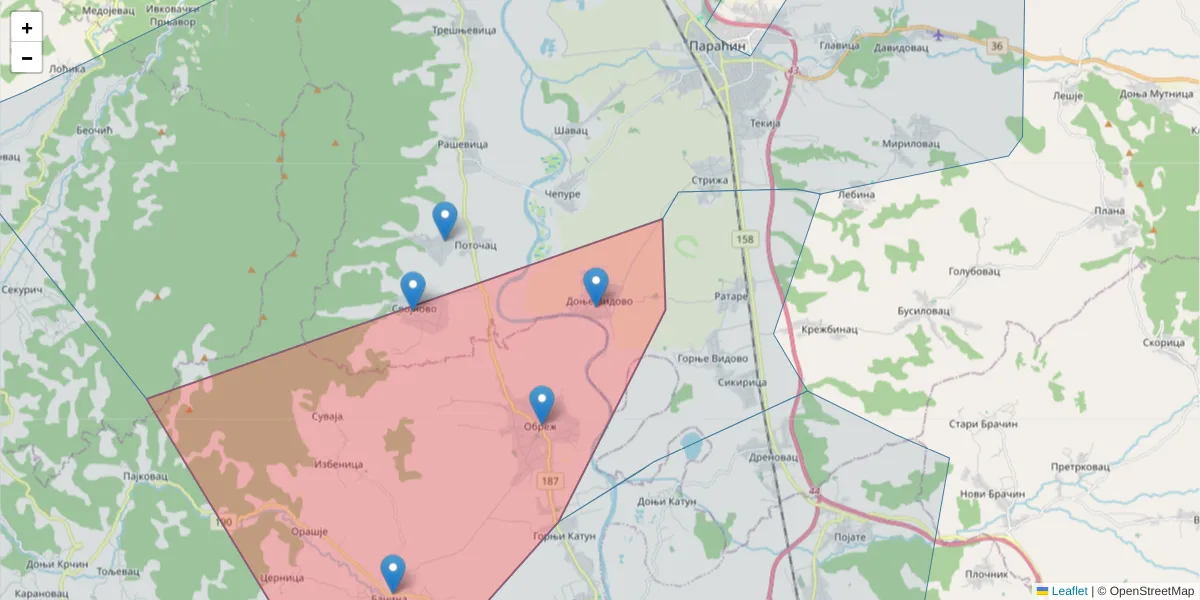 Mapa poštanskog broja  i okolnih poštanskih brojeva u Srbiji