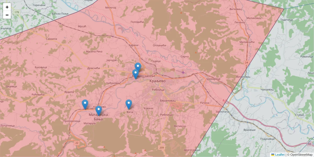 Mapa poštanskog broja  i okolnih poštanskih brojeva u Srbiji