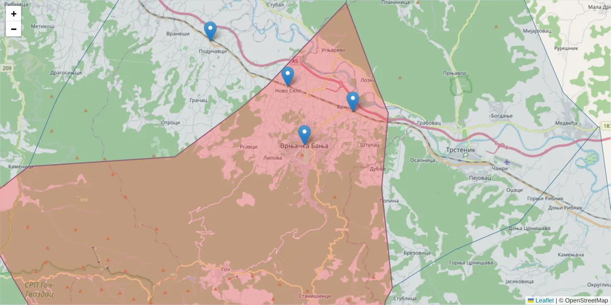 Mapa poštanskog broja  i okolnih poštanskih brojeva u Srbiji