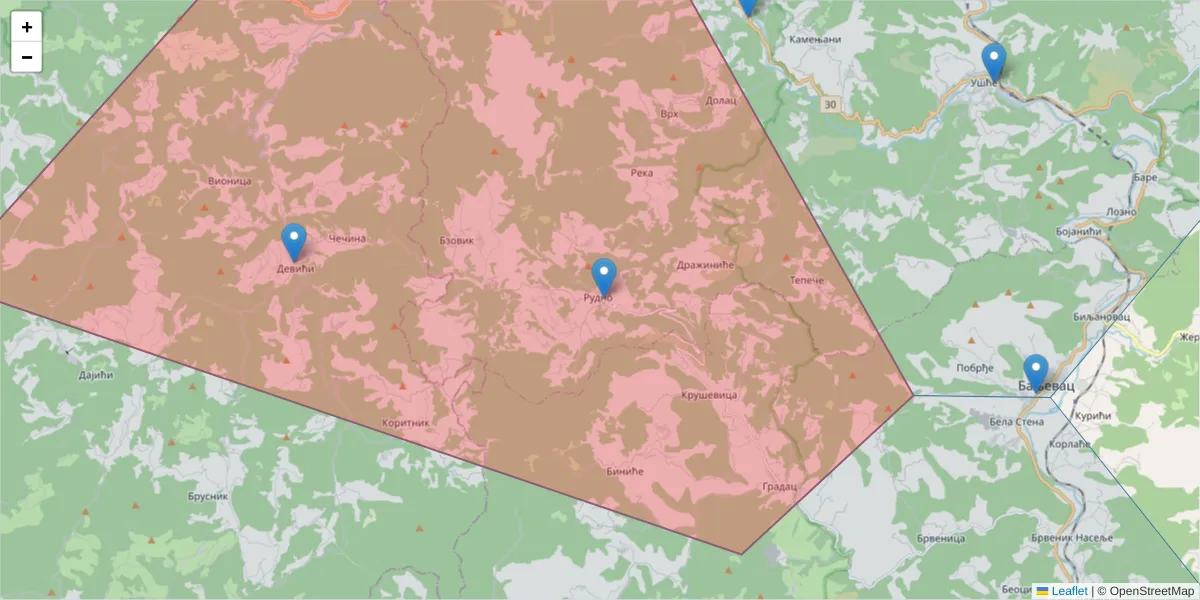 Mapa poštanskog broja  i okolnih poštanskih brojeva u Srbiji