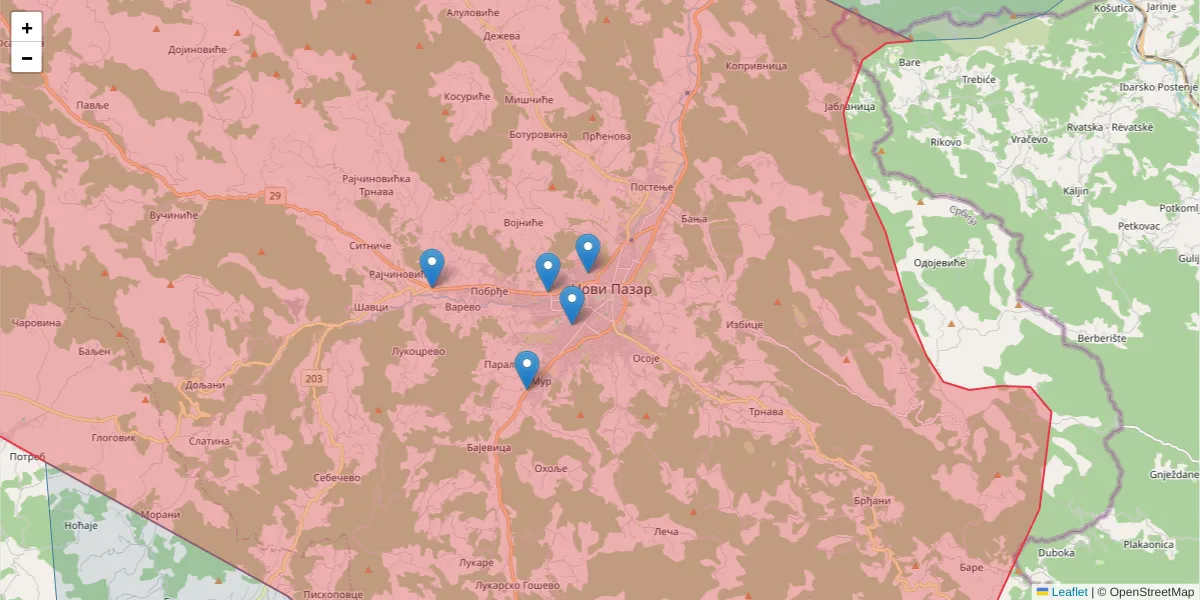 Mapa poštanskog broja  i okolnih poštanskih brojeva u Srbiji
