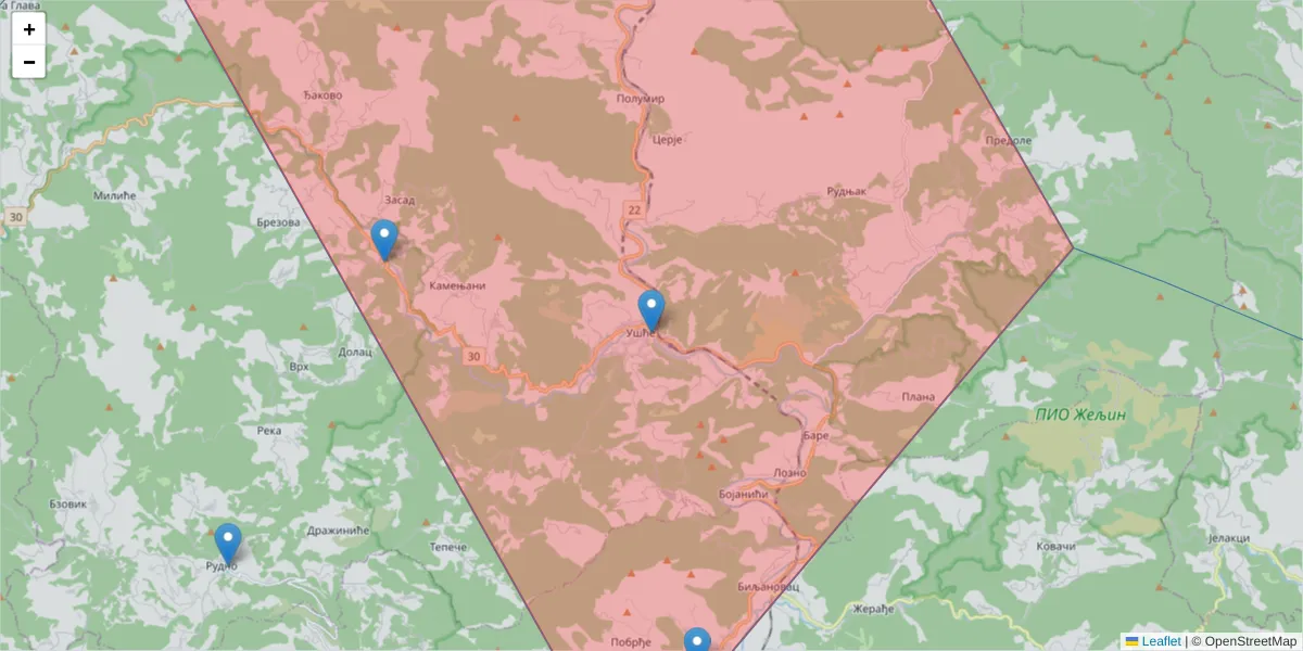 Mapa poštanskog broja  i okolnih poštanskih brojeva u Srbiji