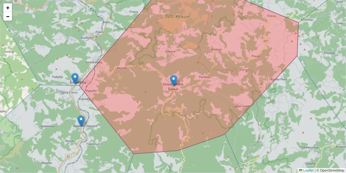 Mapa poštanskog broja  i okolnih poštanskih brojeva u Srbiji