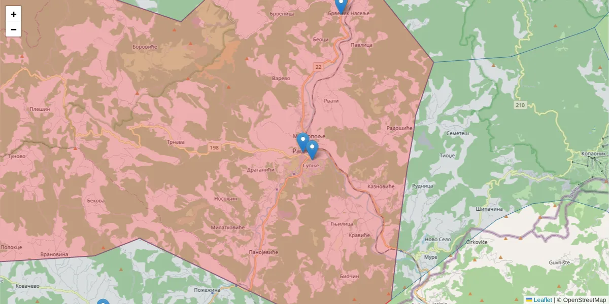 Mapa poštanskog broja  i okolnih poštanskih brojeva u Srbiji