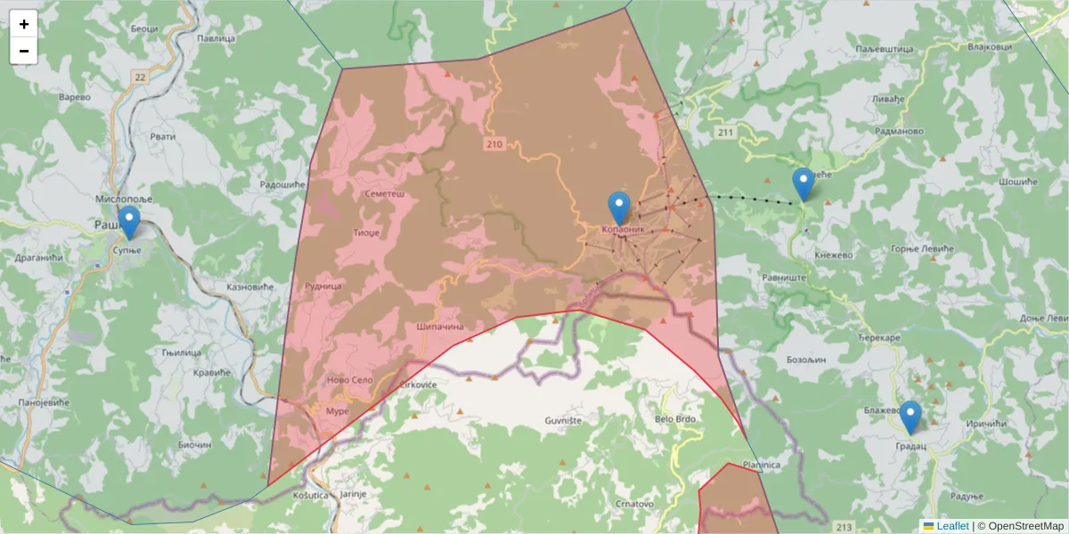 Mapa poštanskog broja  i okolnih poštanskih brojeva u Srbiji