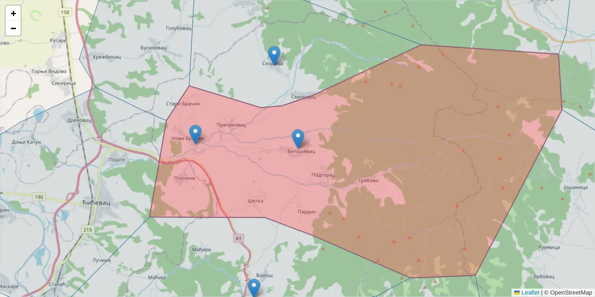 Mapa poštanskog broja  i okolnih poštanskih brojeva u Srbiji