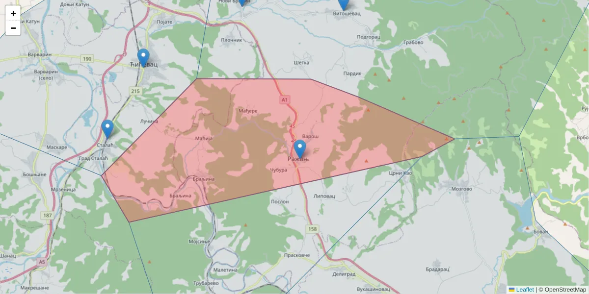 Mapa poštanskog broja  i okolnih poštanskih brojeva u Srbiji