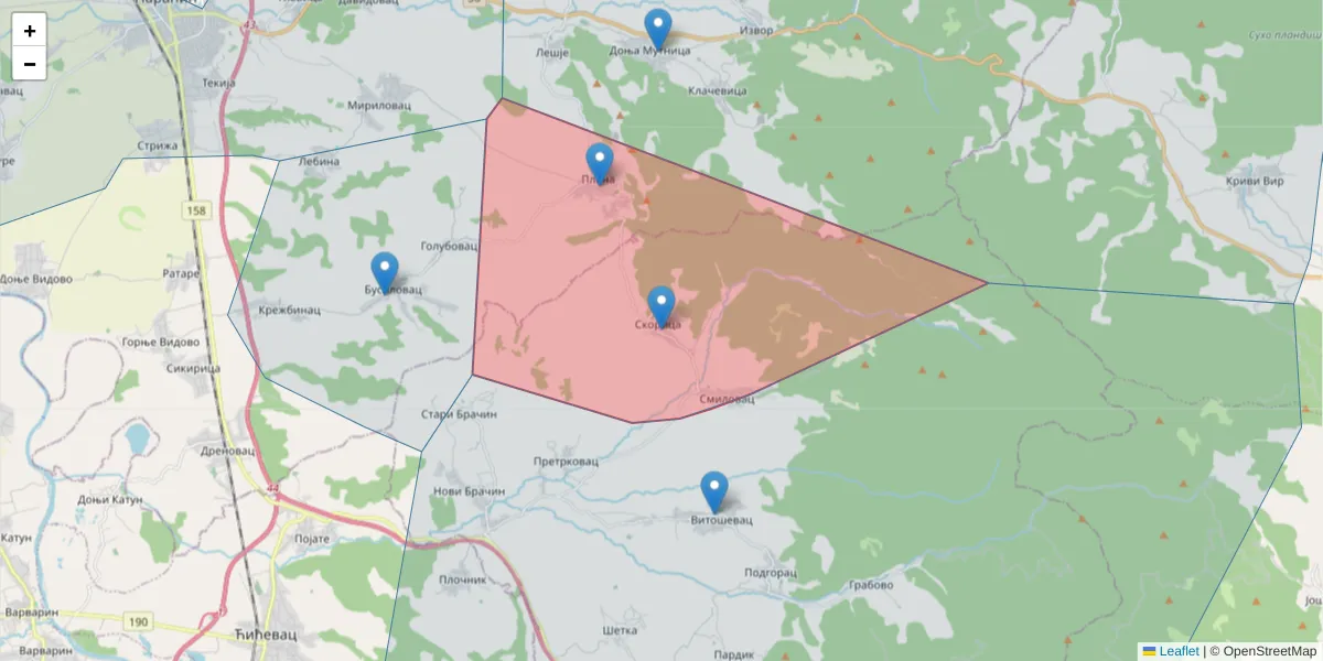 Mapa poštanskog broja  i okolnih poštanskih brojeva u Srbiji