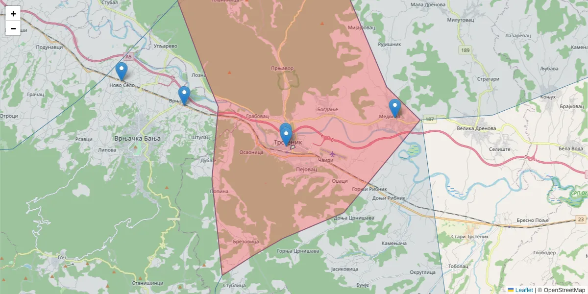 Mapa poštanskog broja  i okolnih poštanskih brojeva u Srbiji