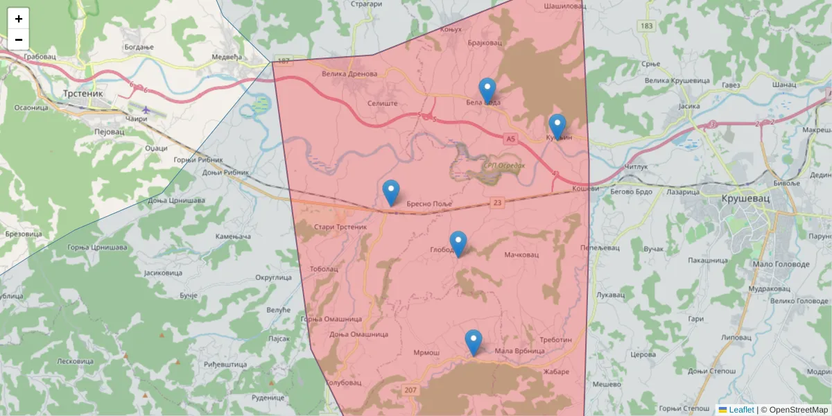 Mapa poštanskog broja  i okolnih poštanskih brojeva u Srbiji