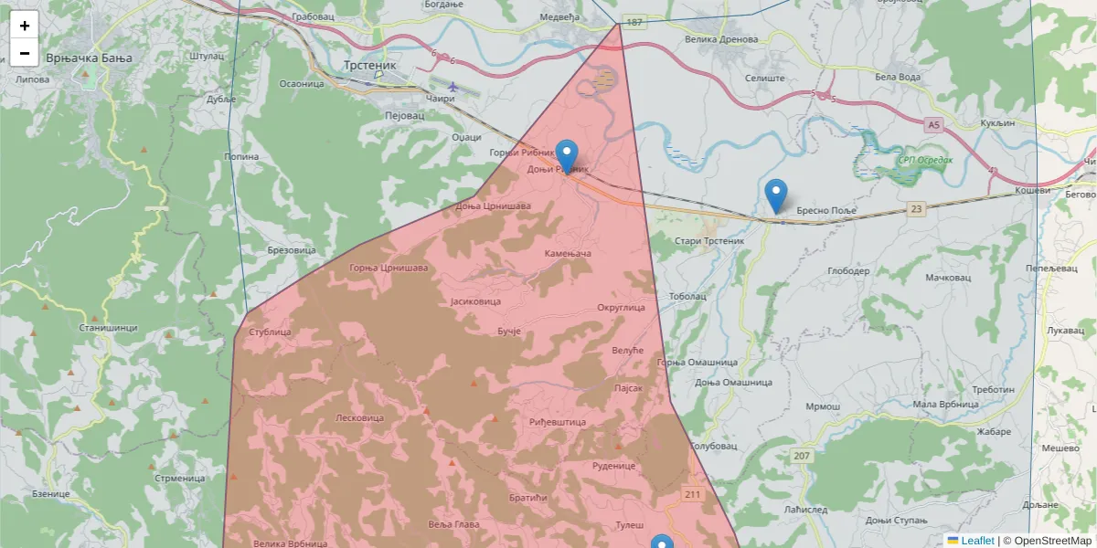 Mapa poštanskog broja  i okolnih poštanskih brojeva u Srbiji
